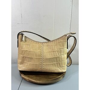 Fossil Baguette Bag Women Small Cream Croc Embossed Leather Zip Shoulder Bag